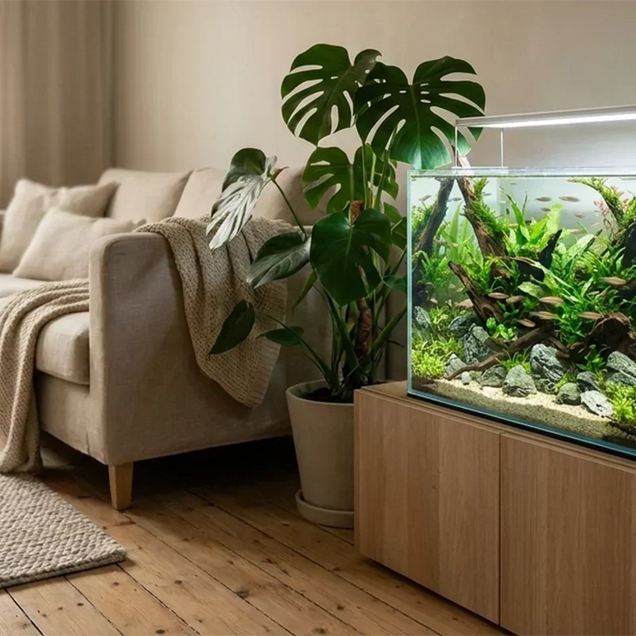Liebevoll eingerichtetes Aquarium mit Pflanzen, Wurzeln und Fischen auf einem Sideboard im gemütlichen Wohnzimmer.