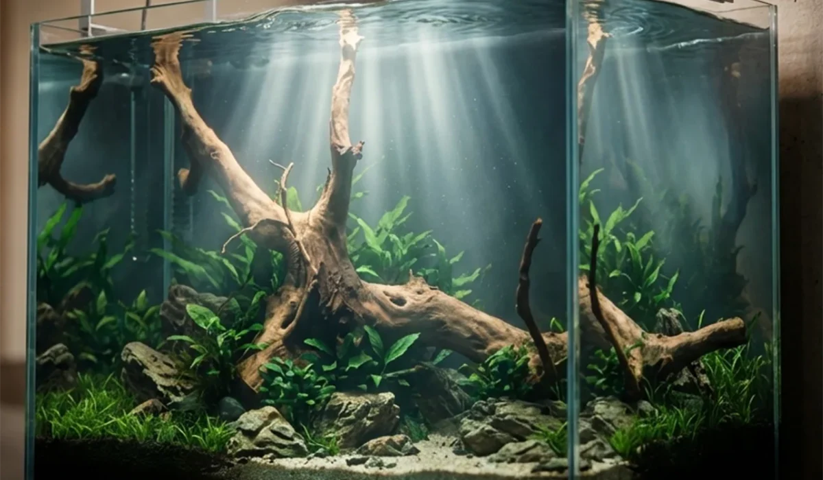Dunkles Aquarium mit Wurzel