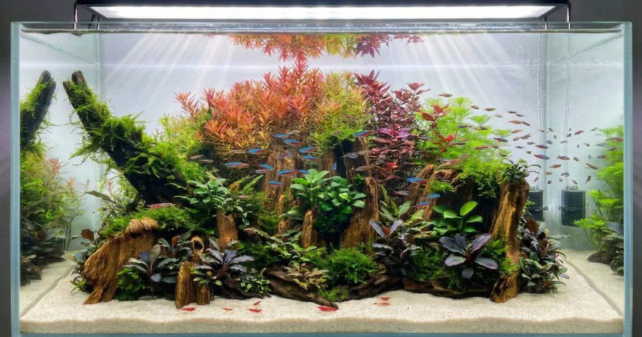 Bepflanztes Aquascape mit Xingu-Wurzeln roten Pflanzen und Neonsalmlern