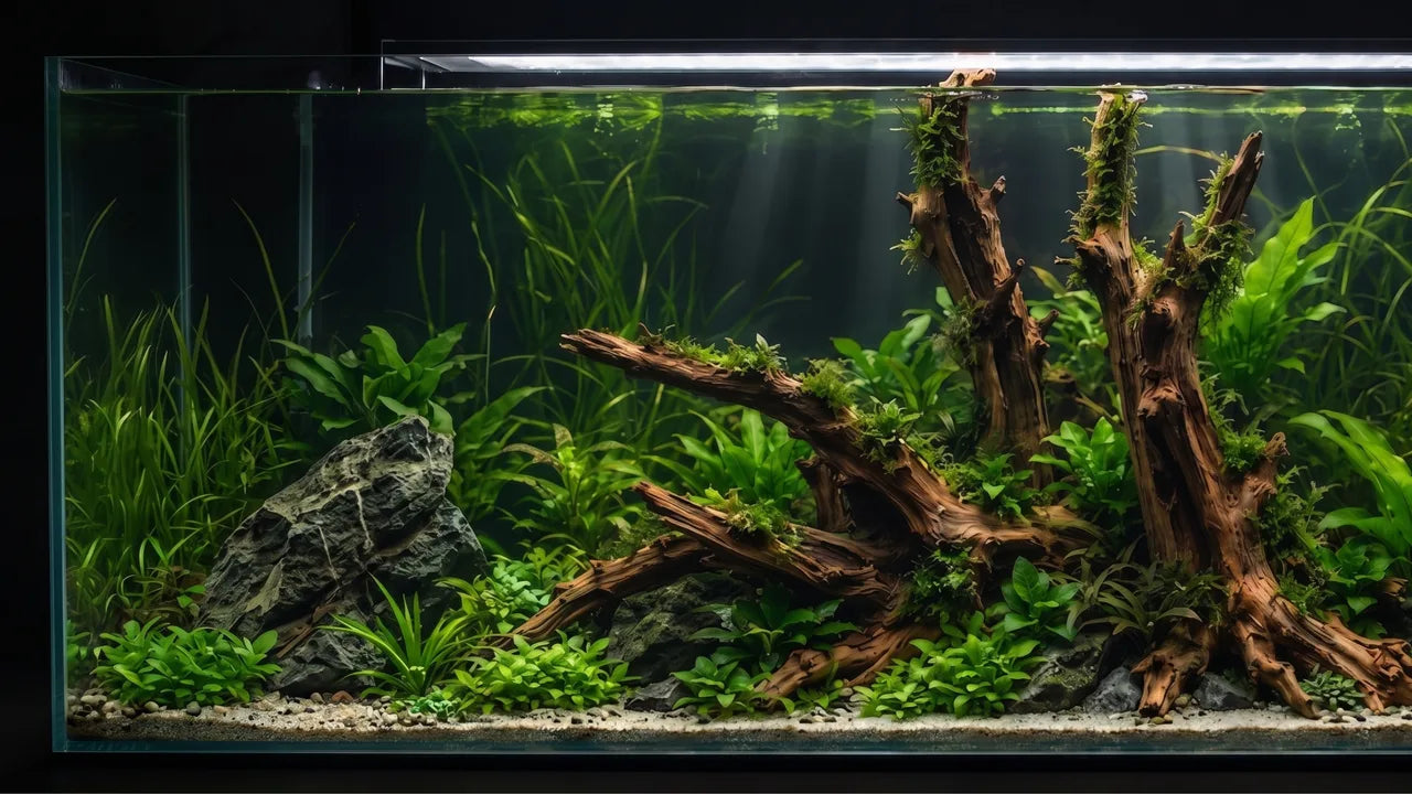 Aquascape mit Xingu-Wurzel Stein und Wasserpflanzen vor dunklem Hintergrund