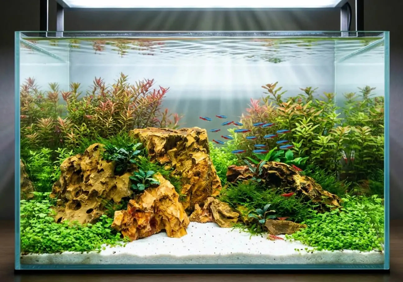 Bepflanztes Aquarium mit Drachenstein-Hardscape und Schwarm Neonsalmler