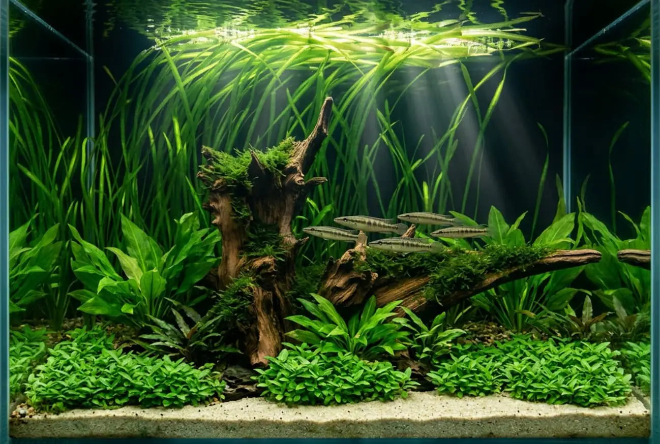 Bepflanztes Aquarium mit Wurzel, Moos und Fischschwarm im Lichteinfall
