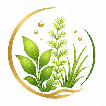 Icon mit grünen Aquarienpflanzen und Luftblasen im goldenen Kreis