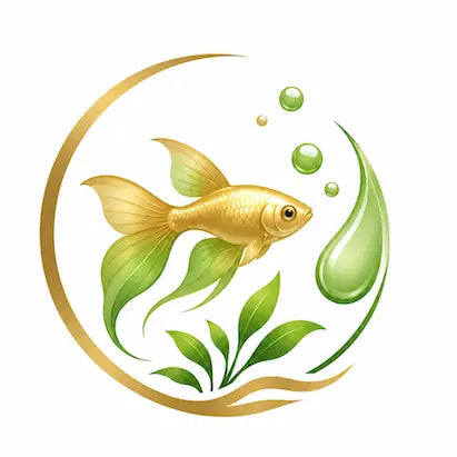 Icon mit goldenem Zierfisch, Wasserpflanze und Dünger-Tropfen im goldenen Kreis