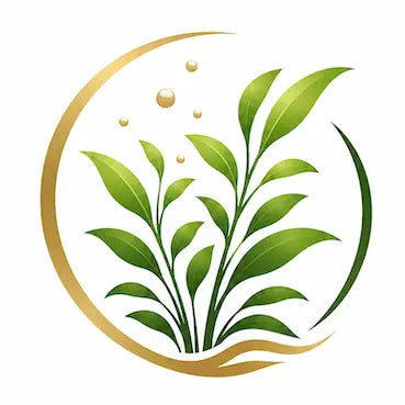 Icon mit grüner Aquarienpflanze und aufsteigenden Sauerstoffblasen im goldenen Kreis